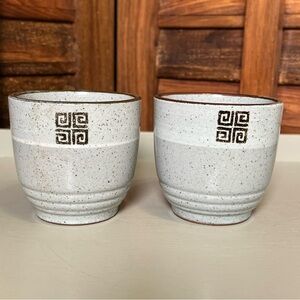 Japanese style Yunomi teacups. Speckled Ceramic Cup Pair with Geometric Stamp